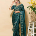 Teal Blue Crepe Saree with stonework and floral embroidery - Anvi Couture
