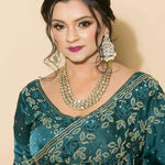 Teal Blue Crepe Saree with stonework and floral embroidery - Anvi Couture
