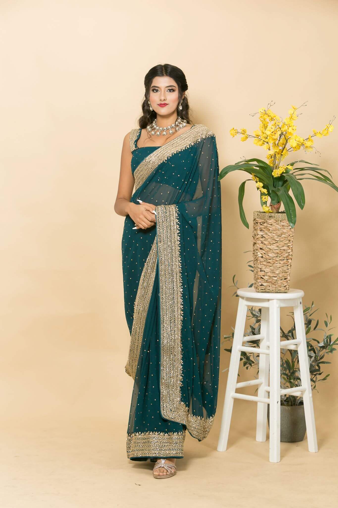 Teal Blue Pure Georgette Saree with Zardosi Embroidery - Anvi Couture