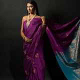 Purple and Azure Blue Pure Silk Saree