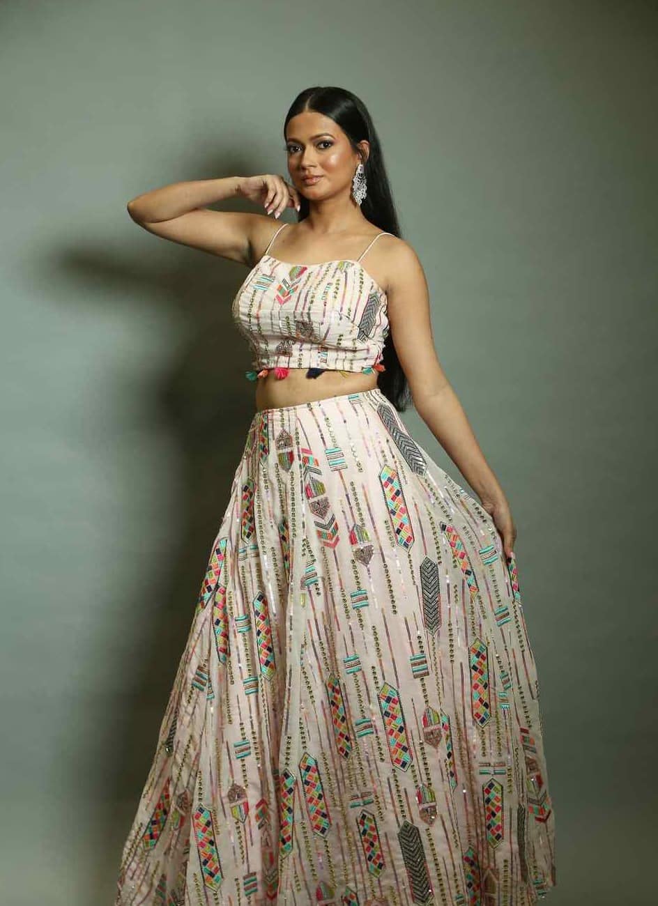 White Georgette Sequin Embroidered Lehenga