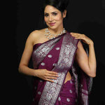 Wine Purple Silk Saree with Silver Motifs and Brocade