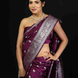 Wine Purple Silk Saree with Silver Motifs and Brocade