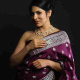 Wine Purple Silk Saree with Silver Motifs and Brocade