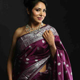 Wine Purple Silk Saree with Silver Motifs and Brocade