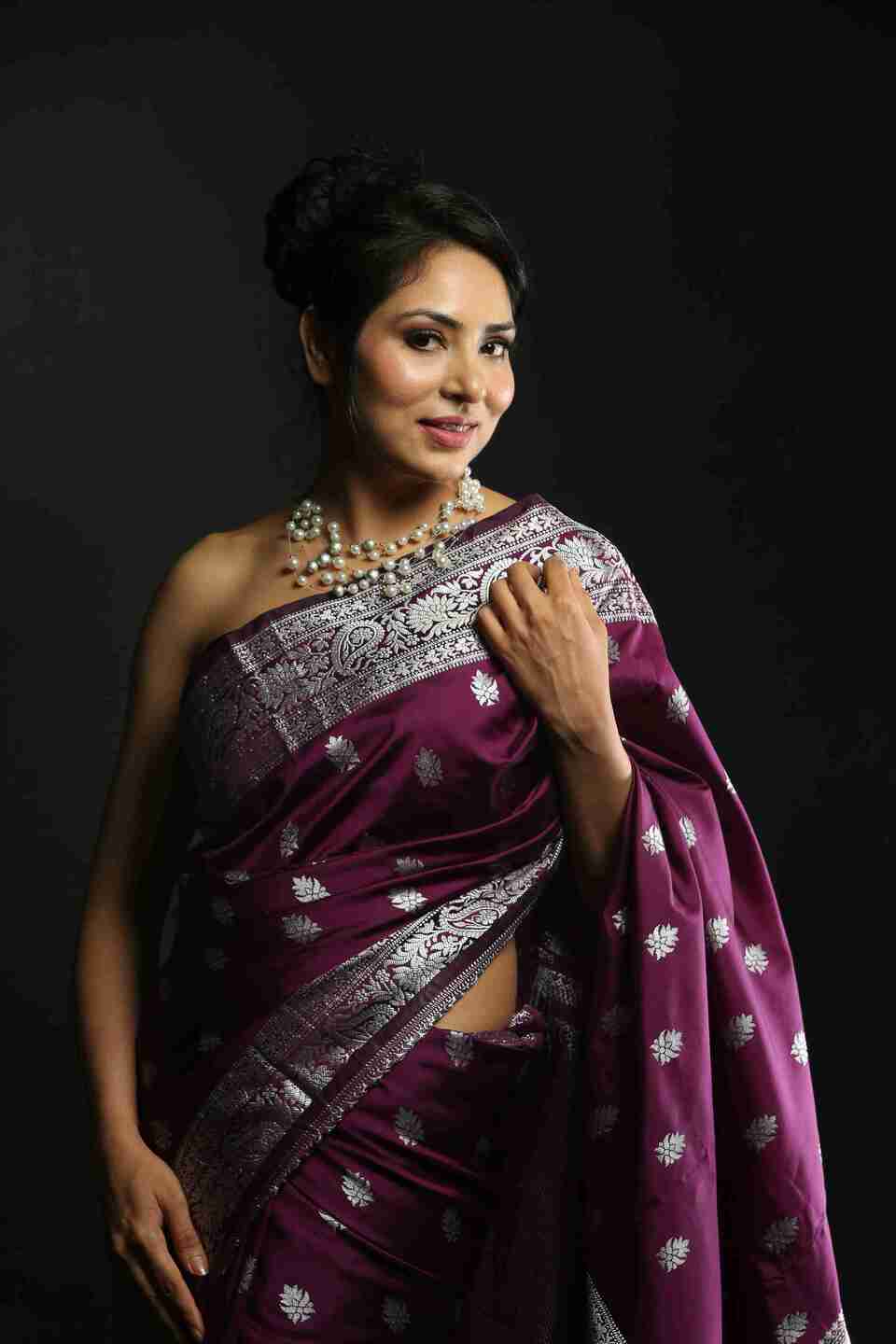 Wine Purple Silk Saree with Silver Motifs 