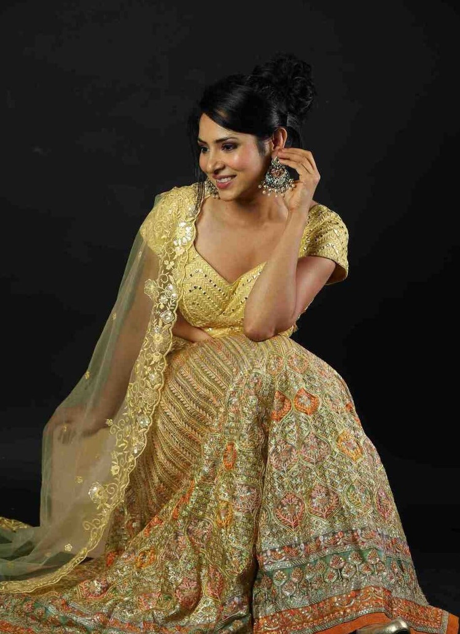 Designer Yellow Embroidered Lehenga Set with Mirror Work Top - Anvi Couture - Image 3