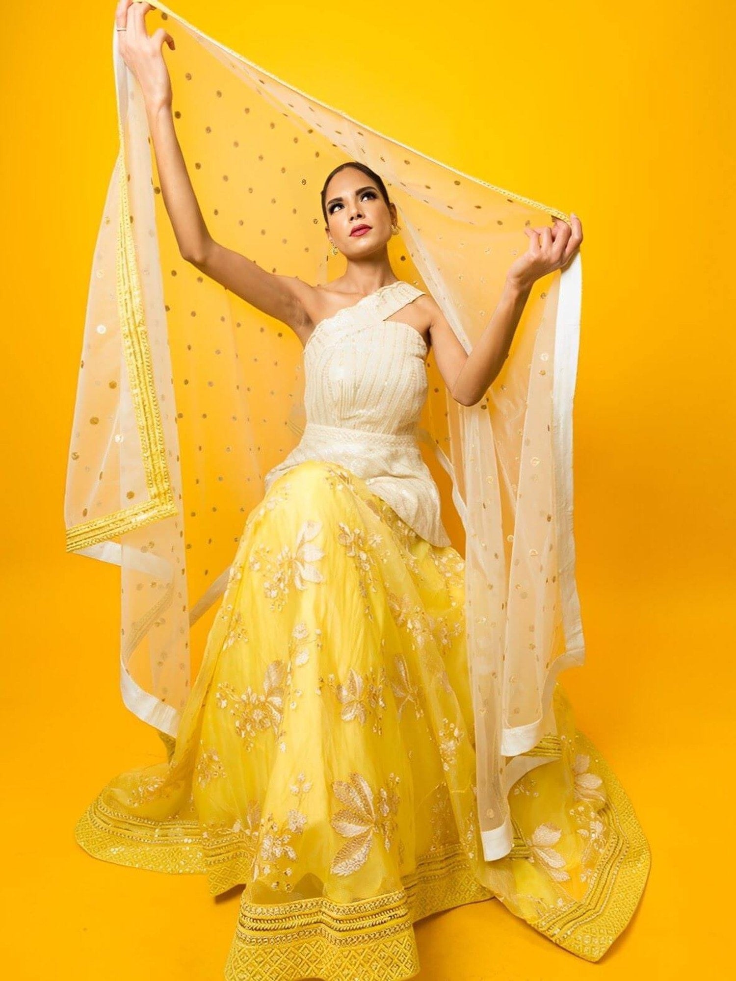 Yellow Floral Embroidery Lehenga Set in Fusion Style - Anvi Couture