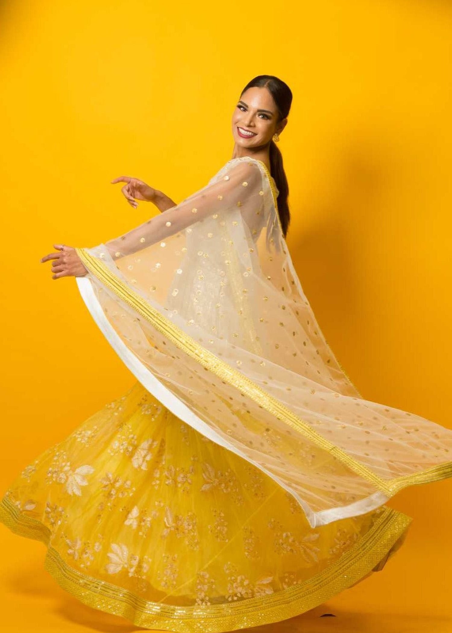 Yellow Floral Embroidery Lehenga Set in Fusion Style - Anvi Couture