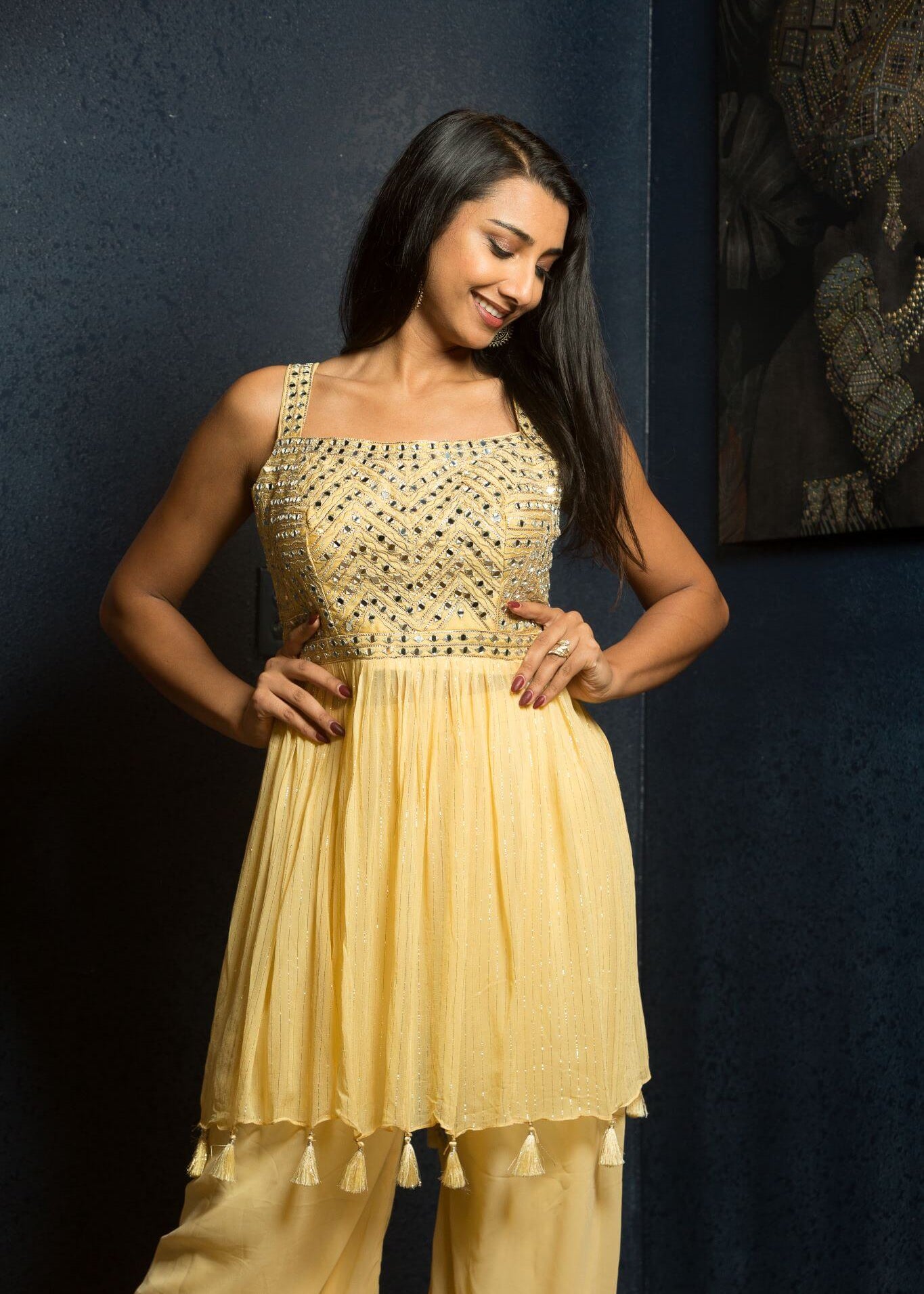 Yellow Mirrorwork Georgette Sharara Set - Anvi Couture