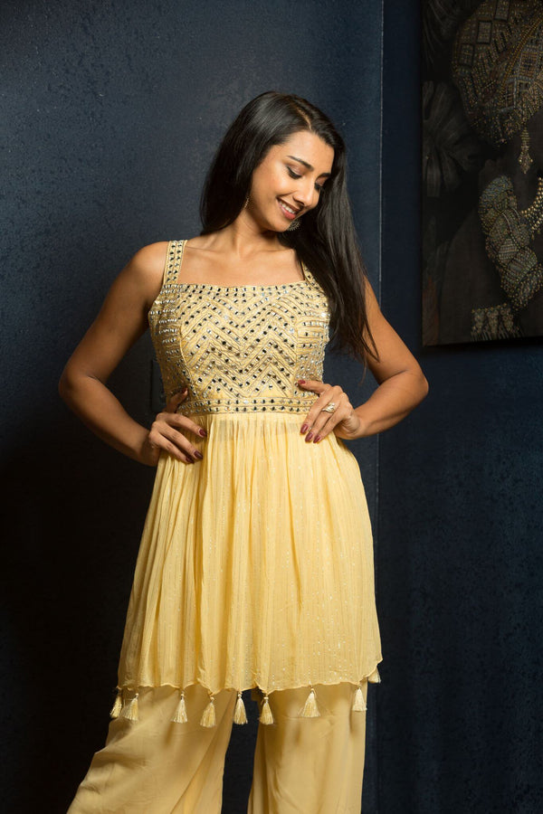 Yellow Mirrorwork Georgette Sharara Set - Anvi Couture